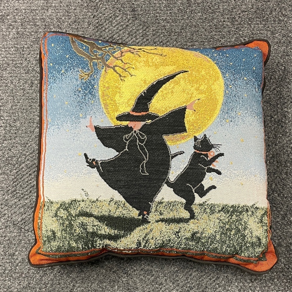 Halloween Pillow Witch and Black Cat Dancing Under the Moonlight